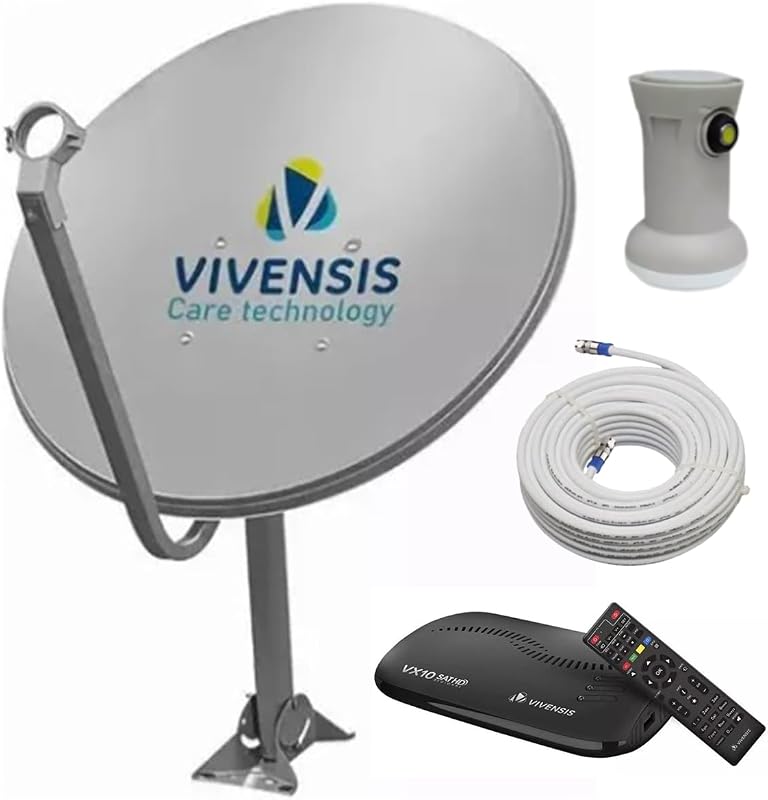 Kit Antena Nova Parabólica Ku Vivensis Digital Completa, Receptor Sat Full HD, LNBF, Cabo